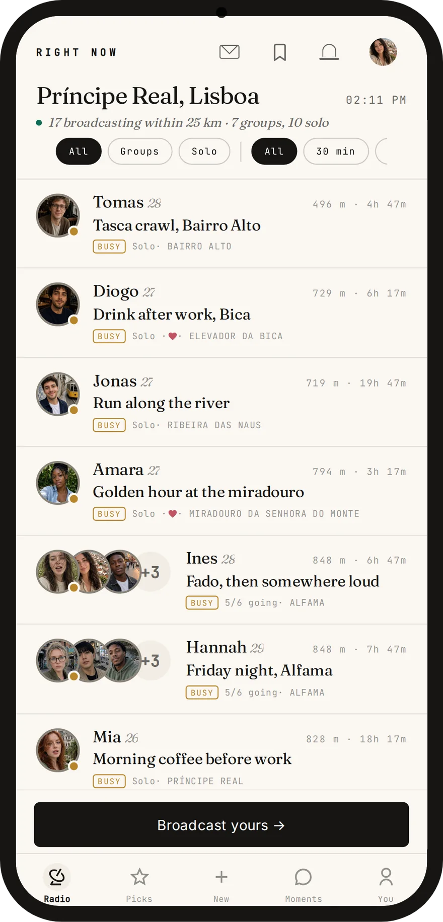 The StepOut feed: people nearby broadcasting what they're doing right now