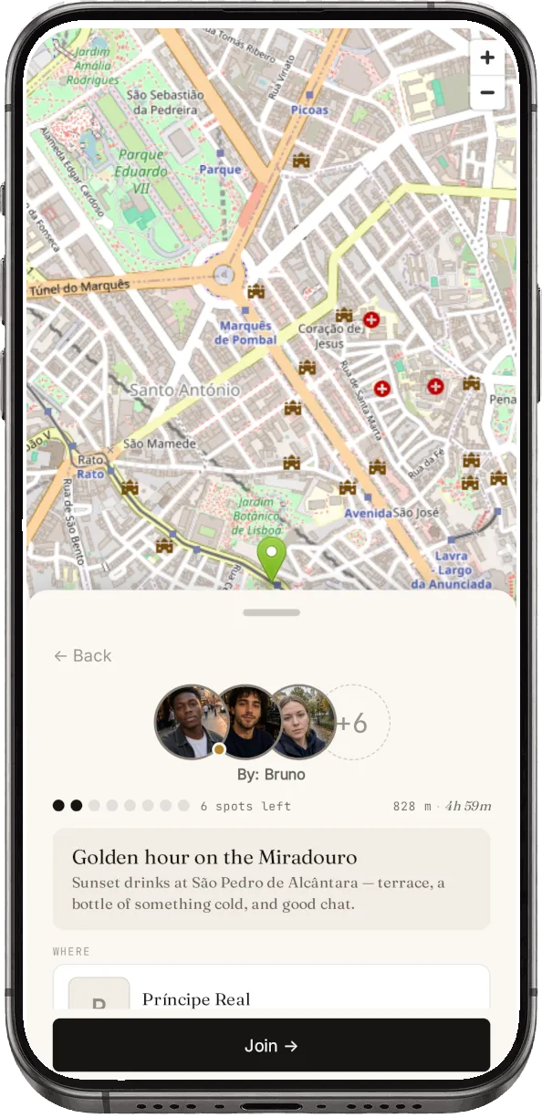 Joining a plan: a map, the host, the distance and time left, and the venue with an offer