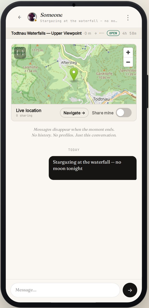 A moment in progress: shared map, live countdown, and a short chat