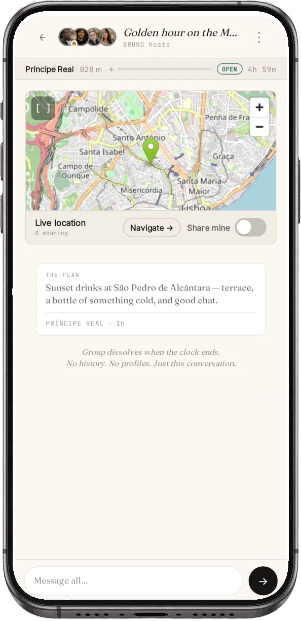 A moment in progress: shared map, live countdown, and a short chat