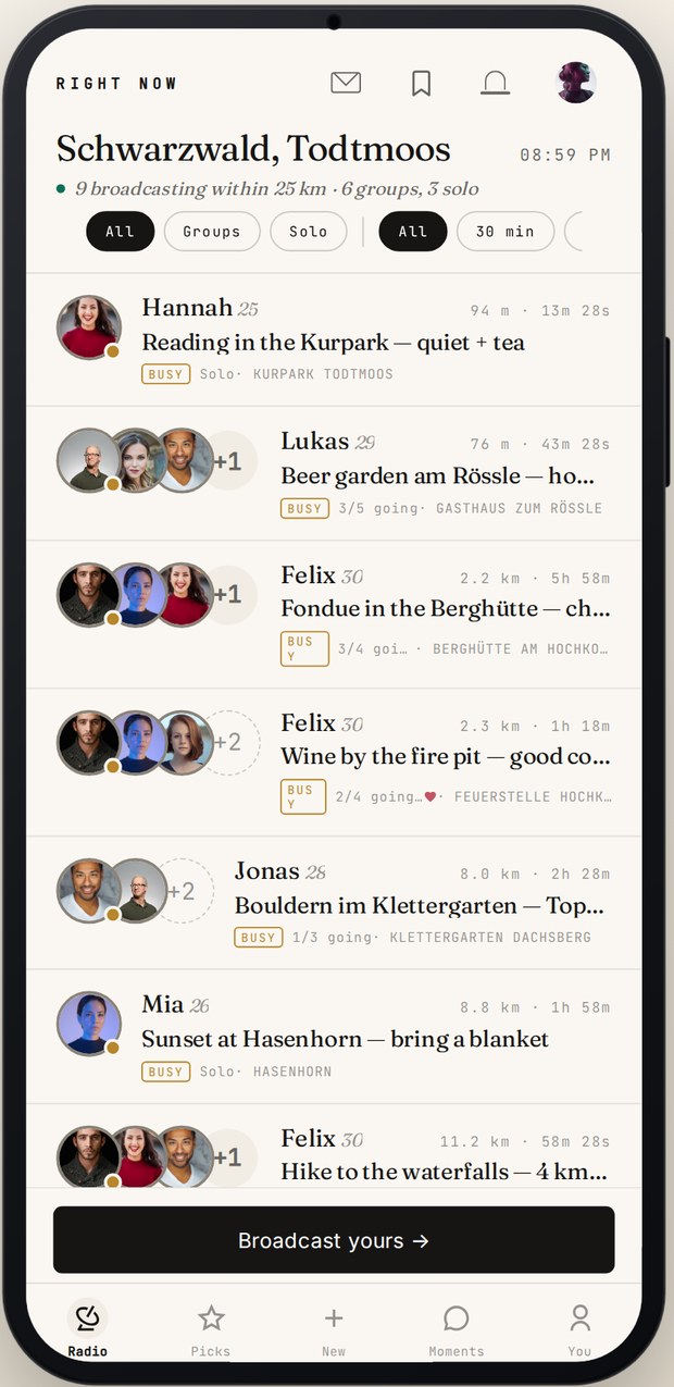 The StepOut feed: people nearby broadcasting what they're doing right now